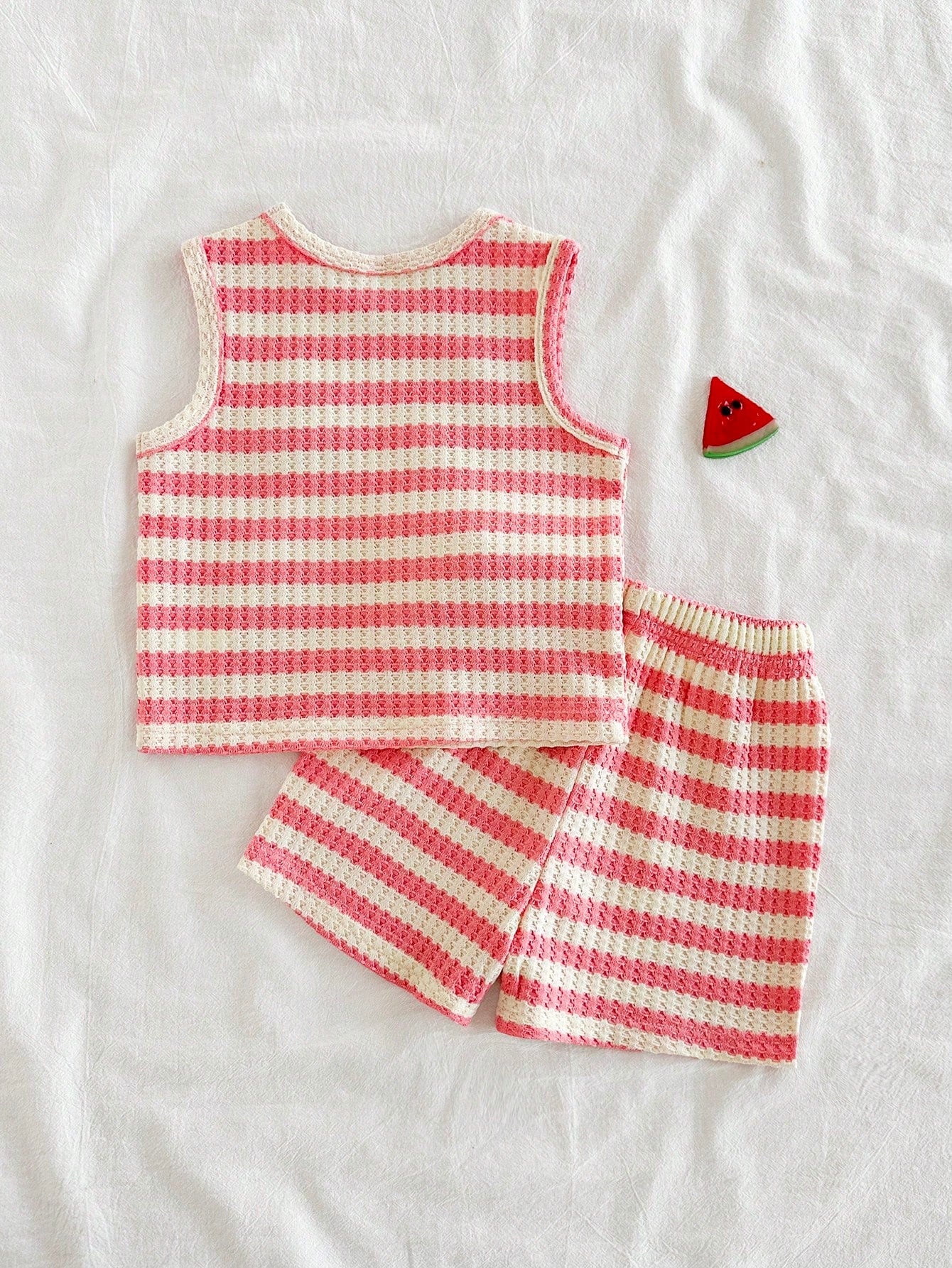 Vintaside Kids Babygirls Pink Striped Summer Outfit Cute Sleeveless Round Neck Top Matching Shorts Vacation Strawberry Print Sweet Style Lightweight Design Home