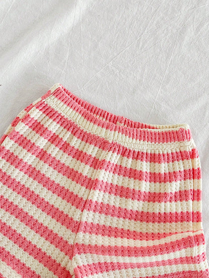 Vintaside Kids Babygirls Pink Striped Summer Outfit Cute Sleeveless Round Neck Top Matching Shorts Vacation Strawberry Print Sweet Style Lightweight Design Home