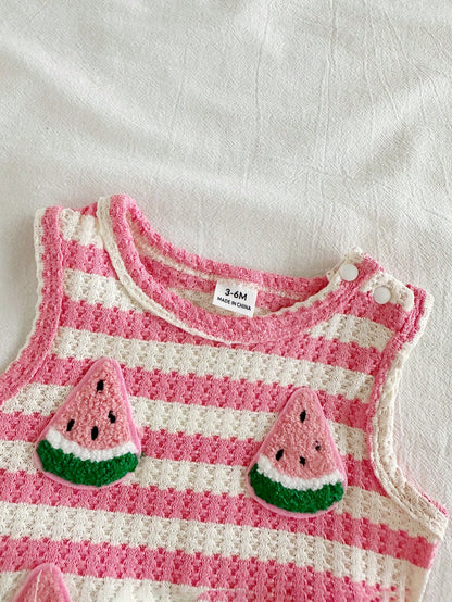 Vintaside Kids Babygirls Pink Striped Summer Outfit Cute Sleeveless Round Neck Top Matching Shorts Vacation Strawberry Print Sweet Style Lightweight Design Home