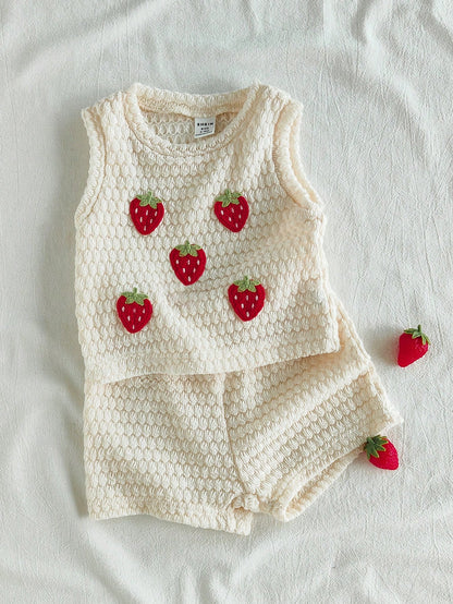 Vintaside Kids Babygirls Pink Striped Summer Outfit Cute Sleeveless Round Neck Top Matching Shorts Vacation Strawberry Print Sweet Style Lightweight Design Home