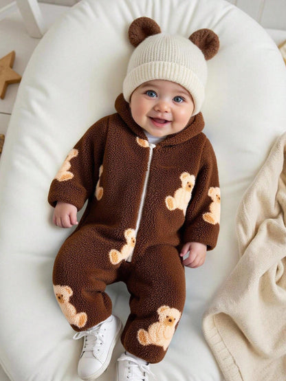 Vintaside Kids Infant Boys' Cute Bear Fleece Print Long Sleeve Hooded Jumpsuit, Soft & Comfortable For Lounging & Casual Wear, Autumn/Winter Fall