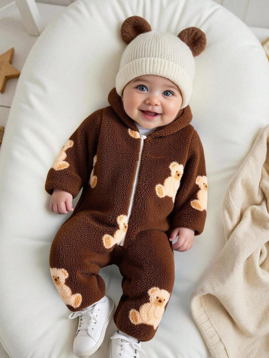 Vintaside Kids Infant Boys' Cute Bear Fleece Print Long Sleeve Hooded Jumpsuit, Soft & Comfortable For Lounging & Casual Wear, Autumn/Winter Fall