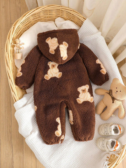 Vintaside Kids Infant Boys' Cute Bear Fleece Print Long Sleeve Hooded Jumpsuit, Soft & Comfortable For Lounging & Casual Wear, Autumn/Winter Fall