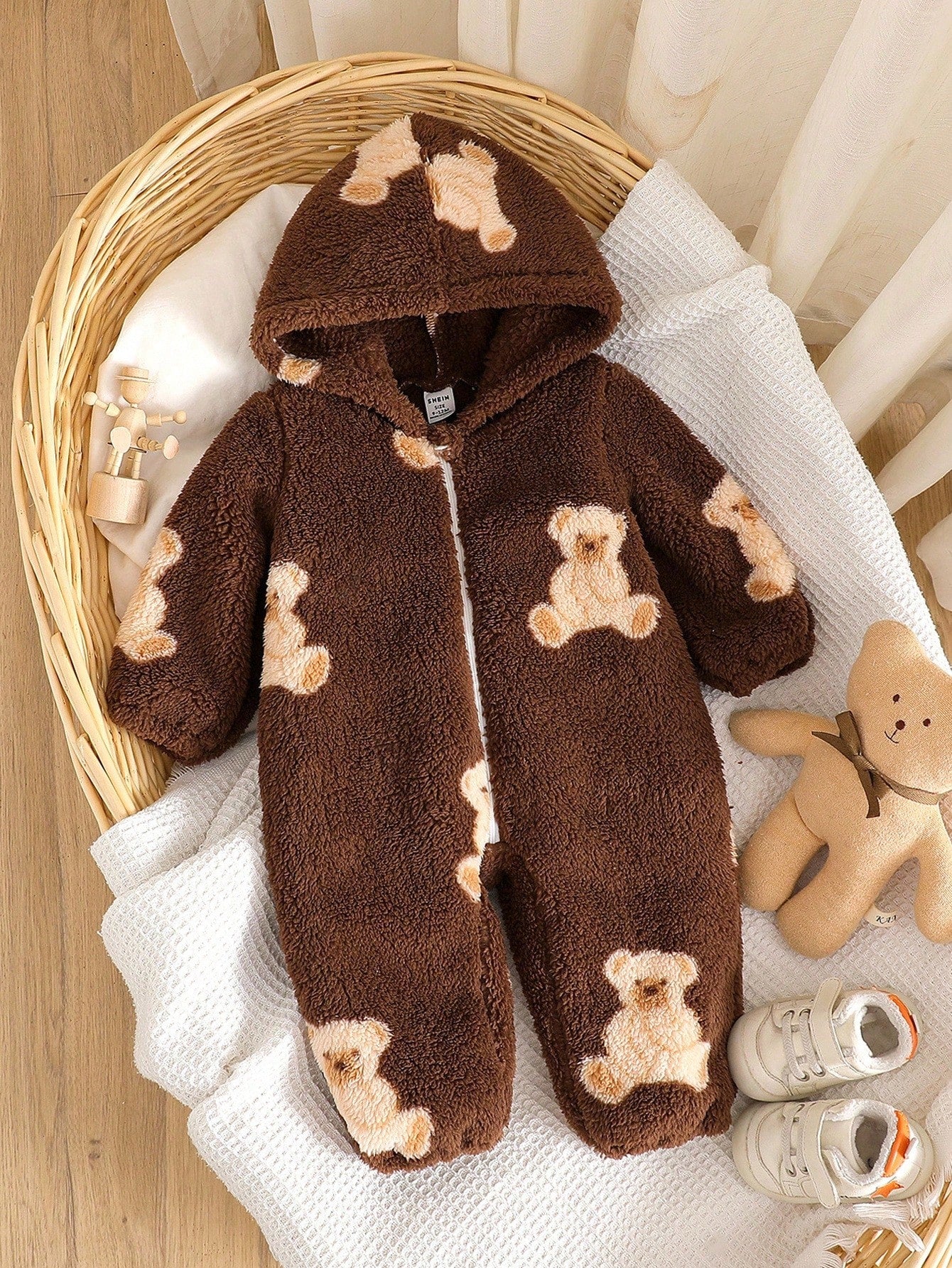Vintaside Kids Infant Boys' Cute Bear Fleece Print Long Sleeve Hooded Jumpsuit, Soft & Comfortable For Lounging & Casual Wear, Autumn/Winter Fall