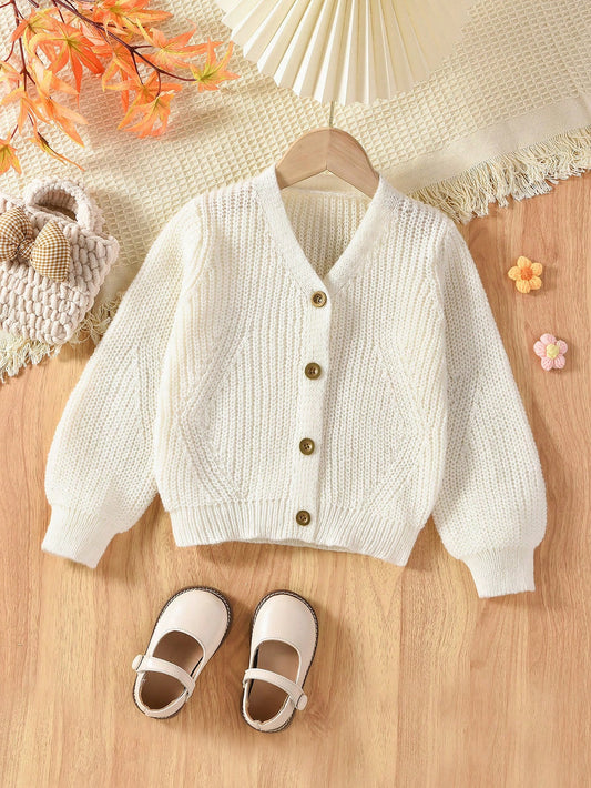 Vintaside Kids Toddler Girls Cardigans,V-Neck Lantern Sleeve Knit Sweater Jacket,Back-To-School 80s Style,White,Winter,School,Textured Comfortable Cute Lightweight
