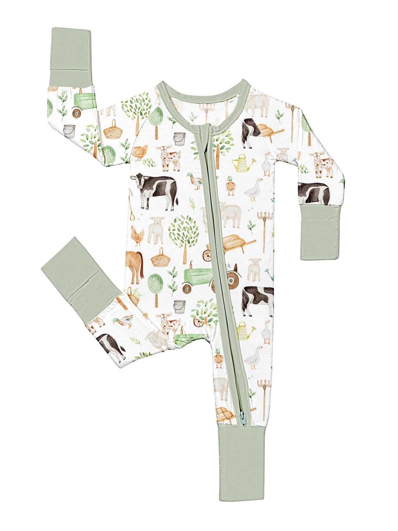VISIKIDS Baby Bamboo Viscose Farm Animal Print Long Sleeve 2-Way Zip Up Romper, One Piece Outfit For Newborn Infants 0-24M, Sage Green