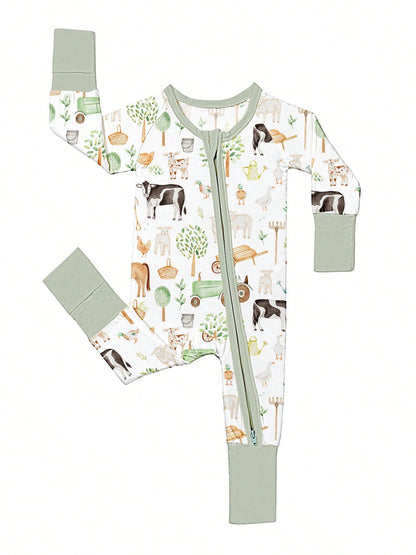 VISIKIDS Baby Bamboo Viscose Farm Animal Print Long Sleeve 2-Way Zip Up Romper, One Piece Outfit For Newborn Infants 0-24M, Sage Green