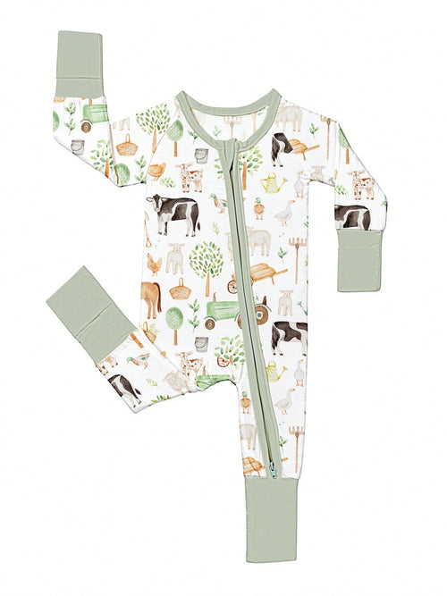 VISIKIDS Baby Bamboo Viscose Farm Animal Print Long Sleeve 2-Way Zip Up Romper, One Piece Outfit For Newborn Infants 0-24M, Sage Green