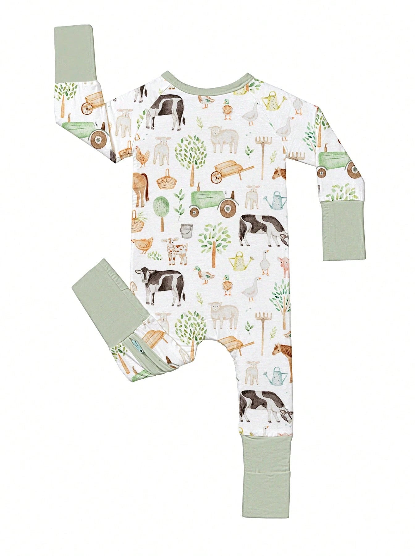 VISIKIDS Baby Bamboo Viscose Farm Animal Print Long Sleeve 2-Way Zip Up Romper, One Piece Outfit For Newborn Infants 0-24M, Sage Green