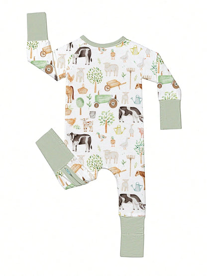 VISIKIDS Baby Bamboo Viscose Farm Animal Print Long Sleeve 2-Way Zip Up Romper, One Piece Outfit For Newborn Infants 0-24M, Sage Green