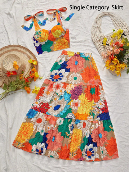 Vivid Eden Women's Vacation Colorful Floral Printed Loose High Waist Printed Maxi Skirt, Suitable For Spring/Summer Holiday, Casual Vacation,Beach,Festival