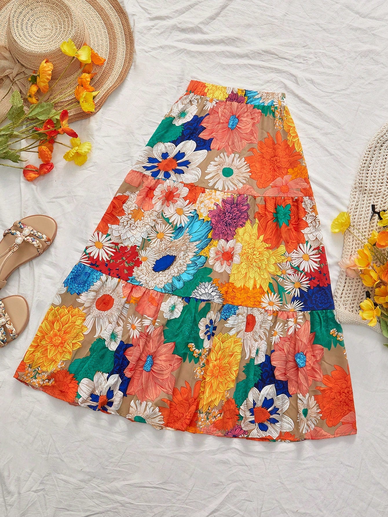 Vivid Eden Women's Vacation Colorful Floral Printed Loose High Waist Printed Maxi Skirt, Suitable For Spring/Summer Holiday, Casual Vacation,Beach,Festival