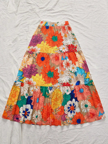 Vivid Eden Women's Vacation Colorful Floral Printed Loose High Waist Printed Maxi Skirt, Suitable For Spring/Summer Holiday, Casual Vacation,Beach,Festival