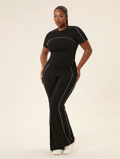 Voyena Plus Size Women's Short Sleeve T-Shirt And Flare Pants Casual Sports Set Fall Daily Lounging, Casual Wear, Running, And Going Out Yoga