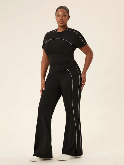Voyena Plus Size Women's Short Sleeve T-Shirt And Flare Pants Casual Sports Set Fall Daily Lounging, Casual Wear, Running, And Going Out Yoga