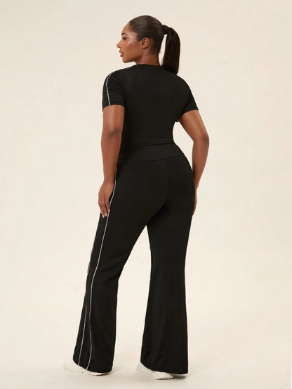 Voyena Plus Size Women's Short Sleeve T-Shirt And Flare Pants Casual Sports Set Fall Daily Lounging, Casual Wear, Running, And Going Out Yoga