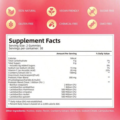 VPOAJ Cranberry Probiotic Gummies| Targeting Body Odor, Women's Health, And Body Balance| Vegan (60 Gummies Per Pack)