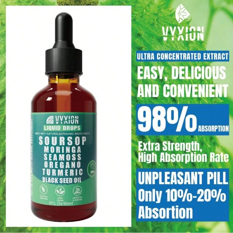 VPOAJ VYXION Pure Soursop 10 In 1 Liquid Drops Extract- Seamoss,Moringa,Black Seed Oil,Turmeric,Oregano Liquid Drops- Healthcare,Fitness,Natural Wellness Blend