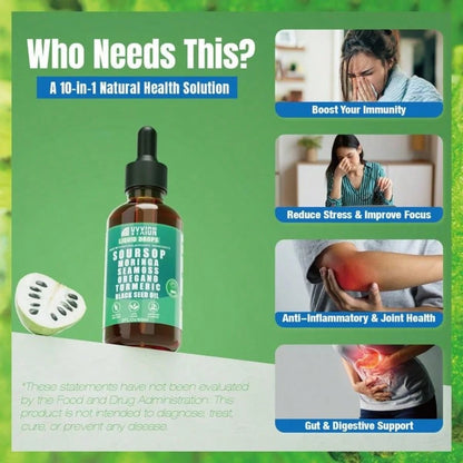 VPOAJ VYXION Pure Soursop 10 In 1 Liquid Drops Extract- Seamoss,Moringa,Black Seed Oil,Turmeric,Oregano Liquid Drops- Healthcare,Fitness,Natural Wellness Blend