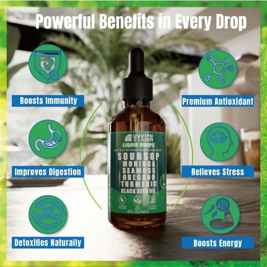 VPOAJ VYXION Pure Soursop 10 In 1 Liquid Drops Extract- Seamoss,Moringa,Black Seed Oil,Turmeric,Oregano Liquid Drops- Healthcare,Fitness,Natural Wellness Blend