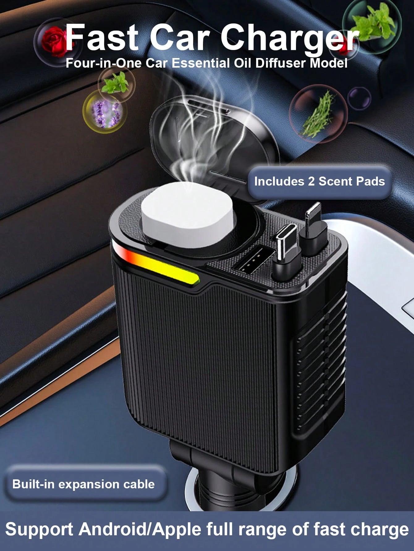 W&O Fast Charging Car Charger With Scent Diffuser, 2 Retractable Charging Cables, USB & Type-C Ports 4-In-1 Multi Functional Car Charger With RGB Music Light, Compatible With IPhone 17/16/15/14/13, An
