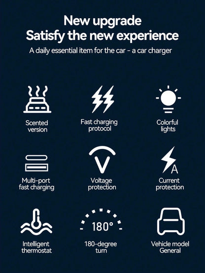 W&O Fast Charging Car Charger With Scent Diffuser, 2 Retractable Charging Cables, USB & Type-C Ports 4-In-1 Multi Functional Car Charger With RGB Music Light, Compatible With IPhone 17/16/15/14/13, An