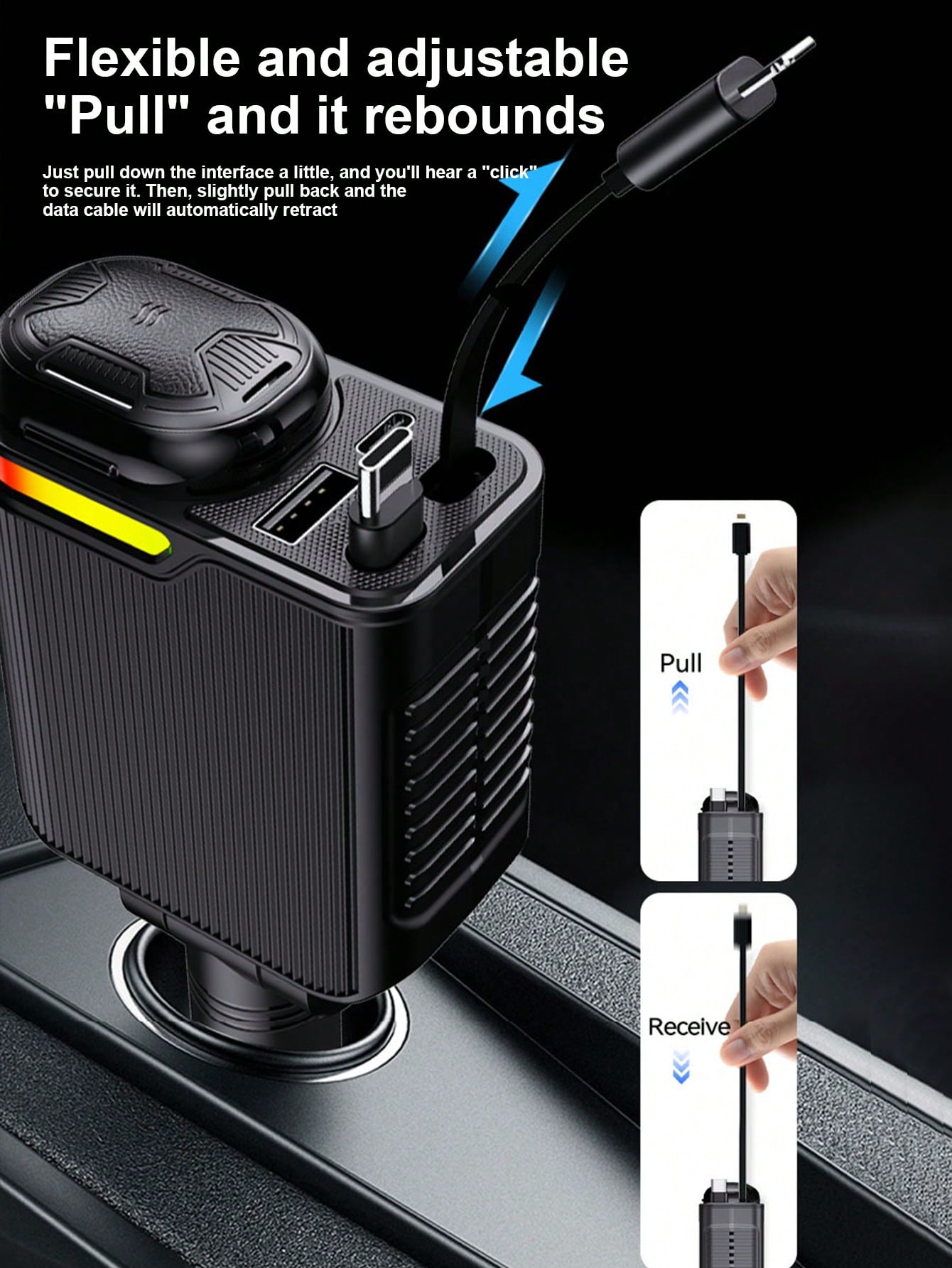 W&O Fast Charging Car Charger With Scent Diffuser, 2 Retractable Charging Cables, USB & Type-C Ports 4-In-1 Multi Functional Car Charger With RGB Music Light, Compatible With IPhone 17/16/15/14/13, An