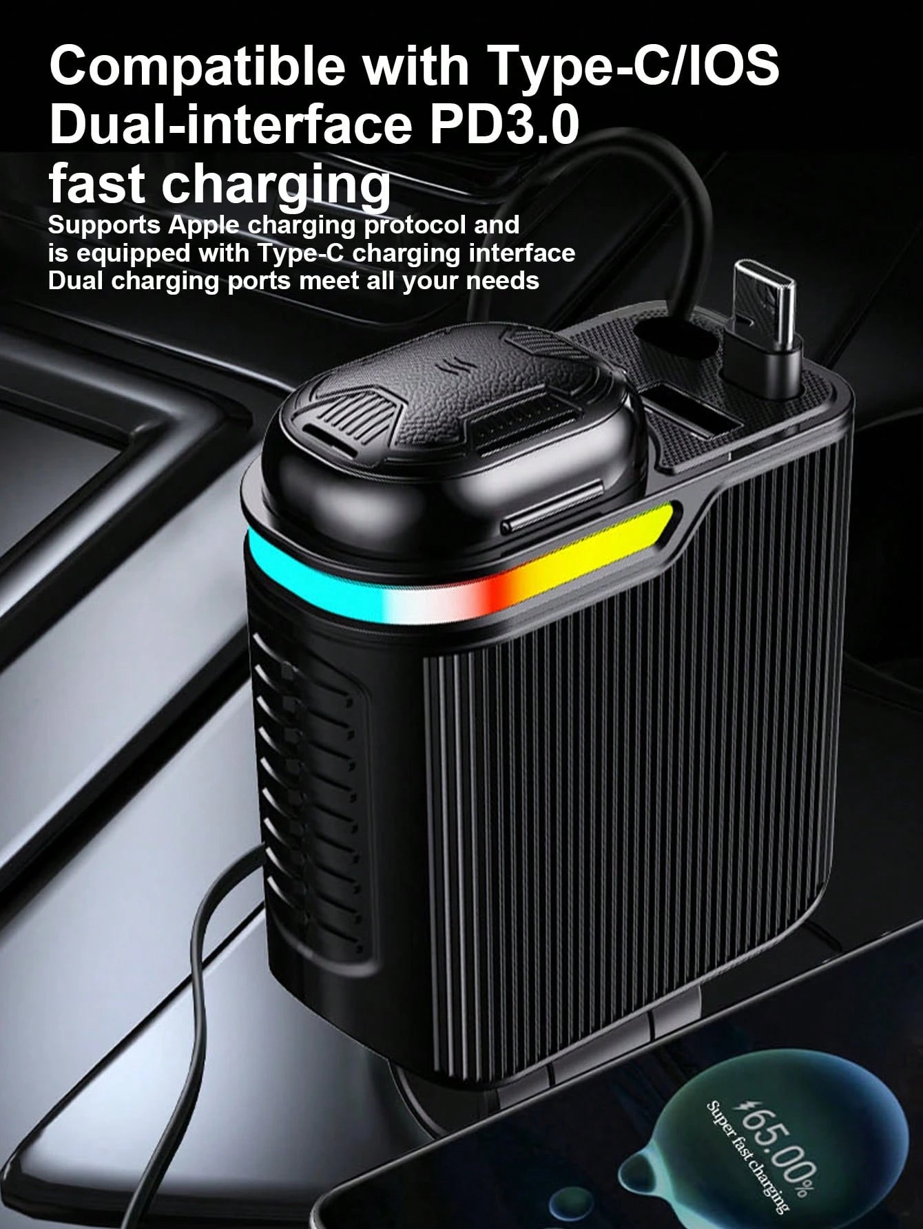 W&O Fast Charging Car Charger With Scent Diffuser, 2 Retractable Charging Cables, USB & Type-C Ports 4-In-1 Multi Functional Car Charger With RGB Music Light, Compatible With IPhone 17/16/15/14/13, An