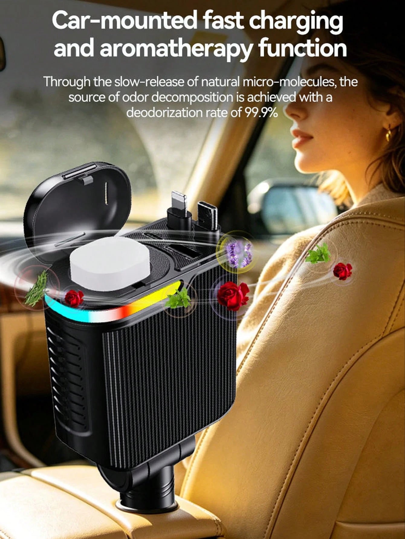 W&O Fast Charging Car Charger With Scent Diffuser, 2 Retractable Charging Cables, USB & Type-C Ports 4-In-1 Multi Functional Car Charger With RGB Music Light, Compatible With IPhone 17/16/15/14/13, An