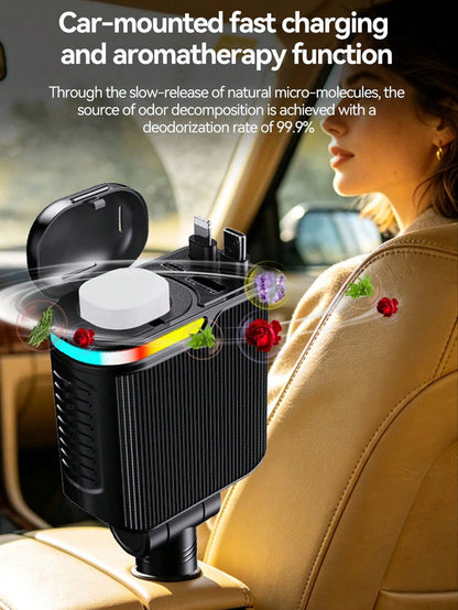 W&O Fast Charging Car Charger With Scent Diffuser, 2 Retractable Charging Cables, USB & Type-C Ports 4-In-1 Multi Functional Car Charger With RGB Music Light, Compatible With IPhone 17/16/15/14/13, An