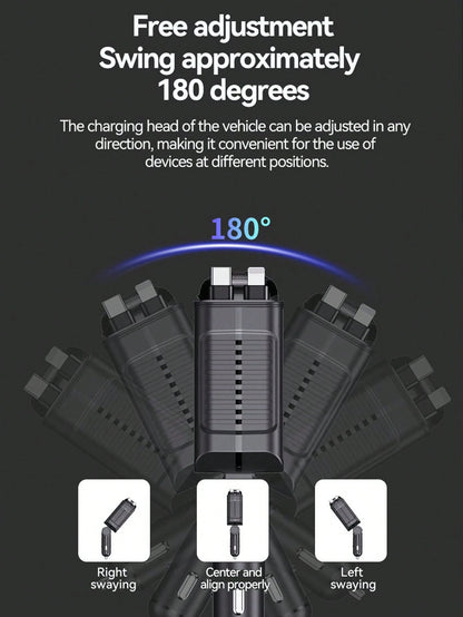 W&O Fast Charging Car Charger With Scent Diffuser, 2 Retractable Charging Cables, USB & Type-C Ports 4-In-1 Multi Functional Car Charger With RGB Music Light, Compatible With IPhone 17/16/15/14/13, An