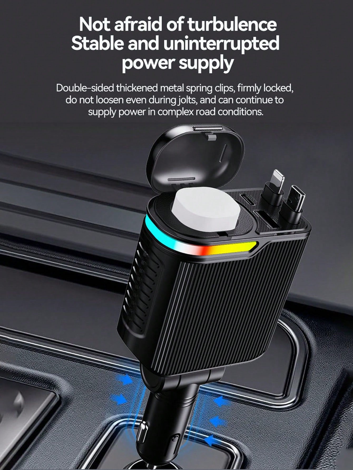 W&O Fast Charging Car Charger With Scent Diffuser, 2 Retractable Charging Cables, USB & Type-C Ports 4-In-1 Multi Functional Car Charger With RGB Music Light, Compatible With IPhone 17/16/15/14/13, An
