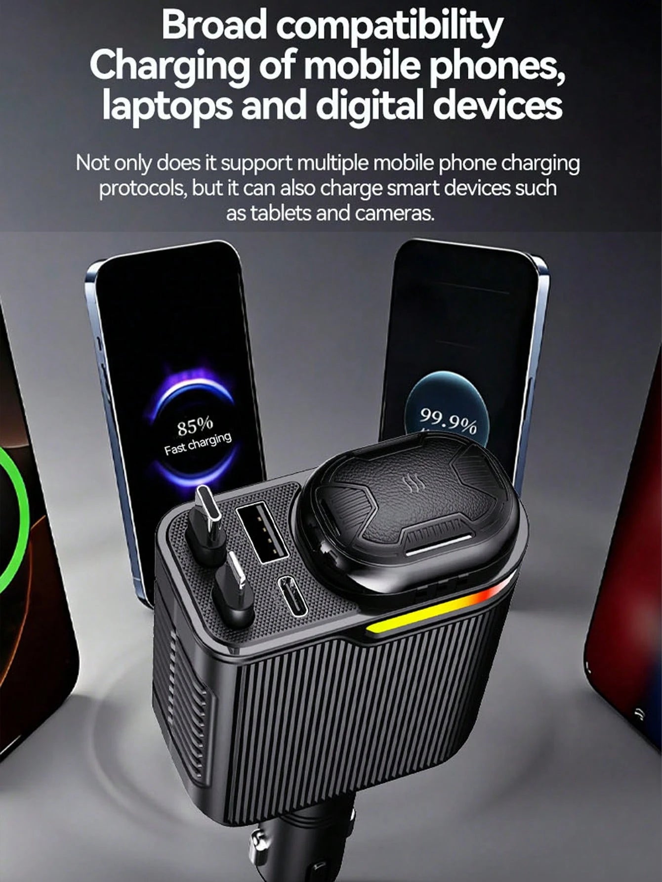 W&O Fast Charging Car Charger With Scent Diffuser, 2 Retractable Charging Cables, USB & Type-C Ports 4-In-1 Multi Functional Car Charger With RGB Music Light, Compatible With IPhone 17/16/15/14/13, An