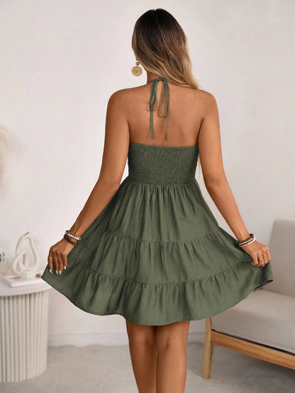Wandoria Women's Summer Olive Green Boho Casual Vacation Holiday Dress,Shirred Bust Tiered Skirt A-Line Backless Adjustable Tie Neck Bamboo Knot Beach Dress