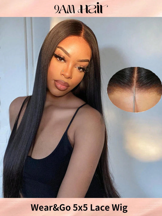 Wear&Go 5X5 Straight Human Hair Glueless Wig Transparent Lace Pre Cut Pre Plucked Natural Hairline Ready To Wear Lace Closure Human Hair Wig Natural Black Color Human Hair Wig For Women Beginner Frien