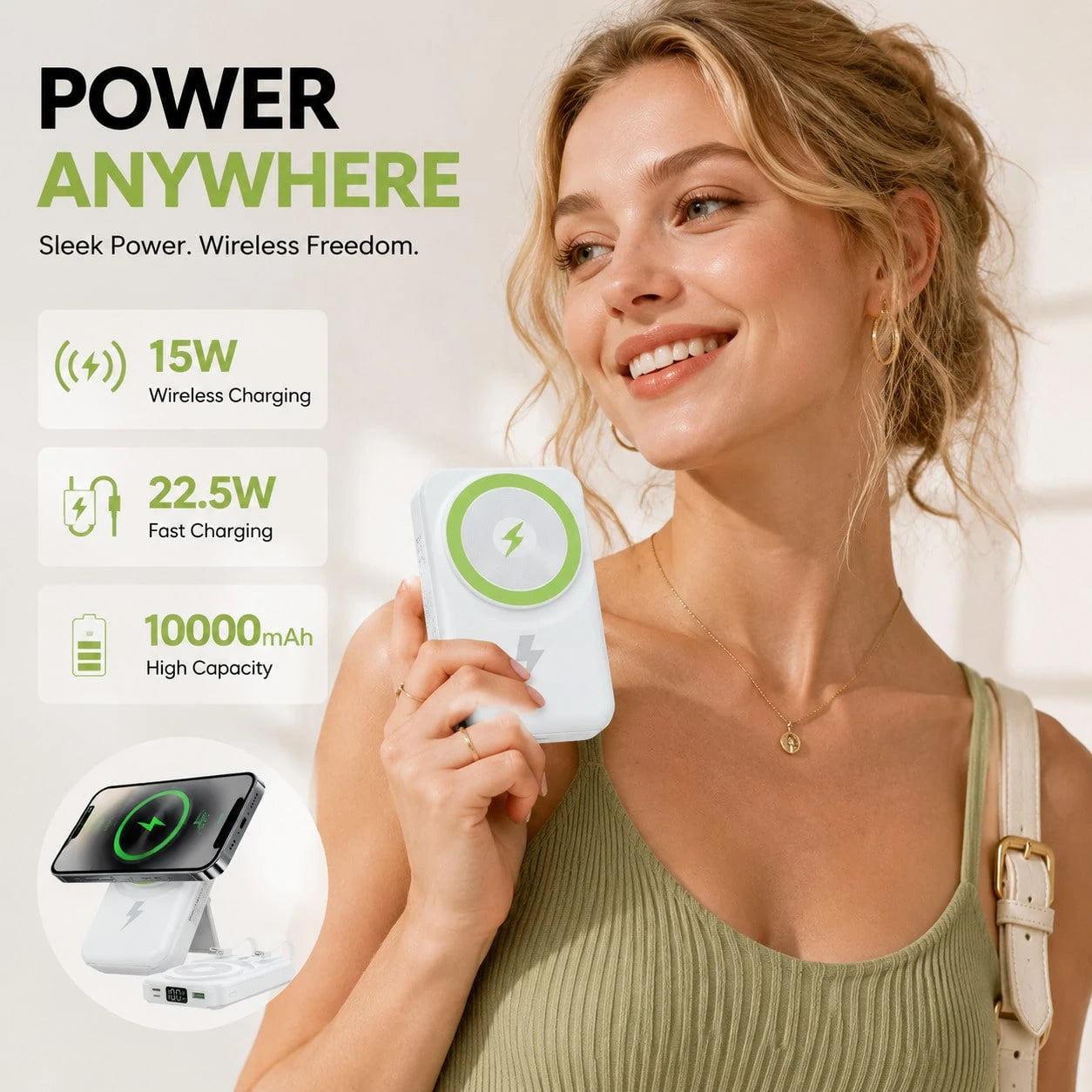 White 10000mAh Magnetic Wireless Battery Pack With 15W Output And 22.5W Fast Charging, With Visible Percentage Readout, Raised Green Alignment Circle And Fold-Out Phone Stand, Made For Compatible Magn