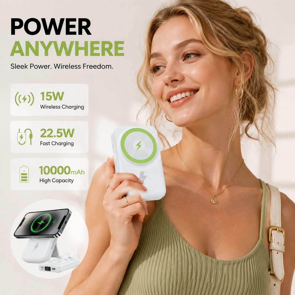 White 10000mAh Magnetic Wireless Battery Pack With 15W Output And 22.5W Fast Charging, With Visible Percentage Readout, Raised Green Alignment Circle And Fold-Out Phone Stand, Made For Compatible Magn