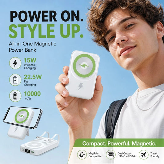 White 10000mAh Wireless Power Bank With Green Magnetic Ring And 22.5W Fast Charging, Featuring A Visible Power Percentage Screen, Green Ring Detail And Rear Fold-Out Stand, Compatible With Magnetic Ph