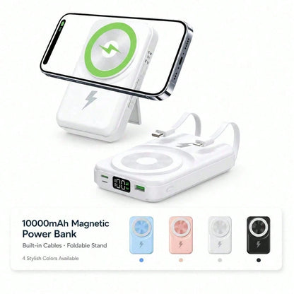 White 10000mAh Wireless Power Bank With Green Magnetic Ring And 22.5W Fast Charging, Featuring A Visible Power Percentage Screen, Green Ring Detail And Rear Fold-Out Stand, Compatible With Magnetic Ph
