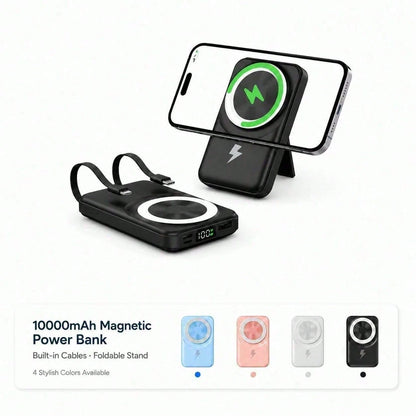 White 10000mAh Wireless Power Bank With Green Magnetic Ring And 22.5W Fast Charging, Featuring A Visible Power Percentage Screen, Green Ring Detail And Rear Fold-Out Stand, Compatible With Magnetic Ph