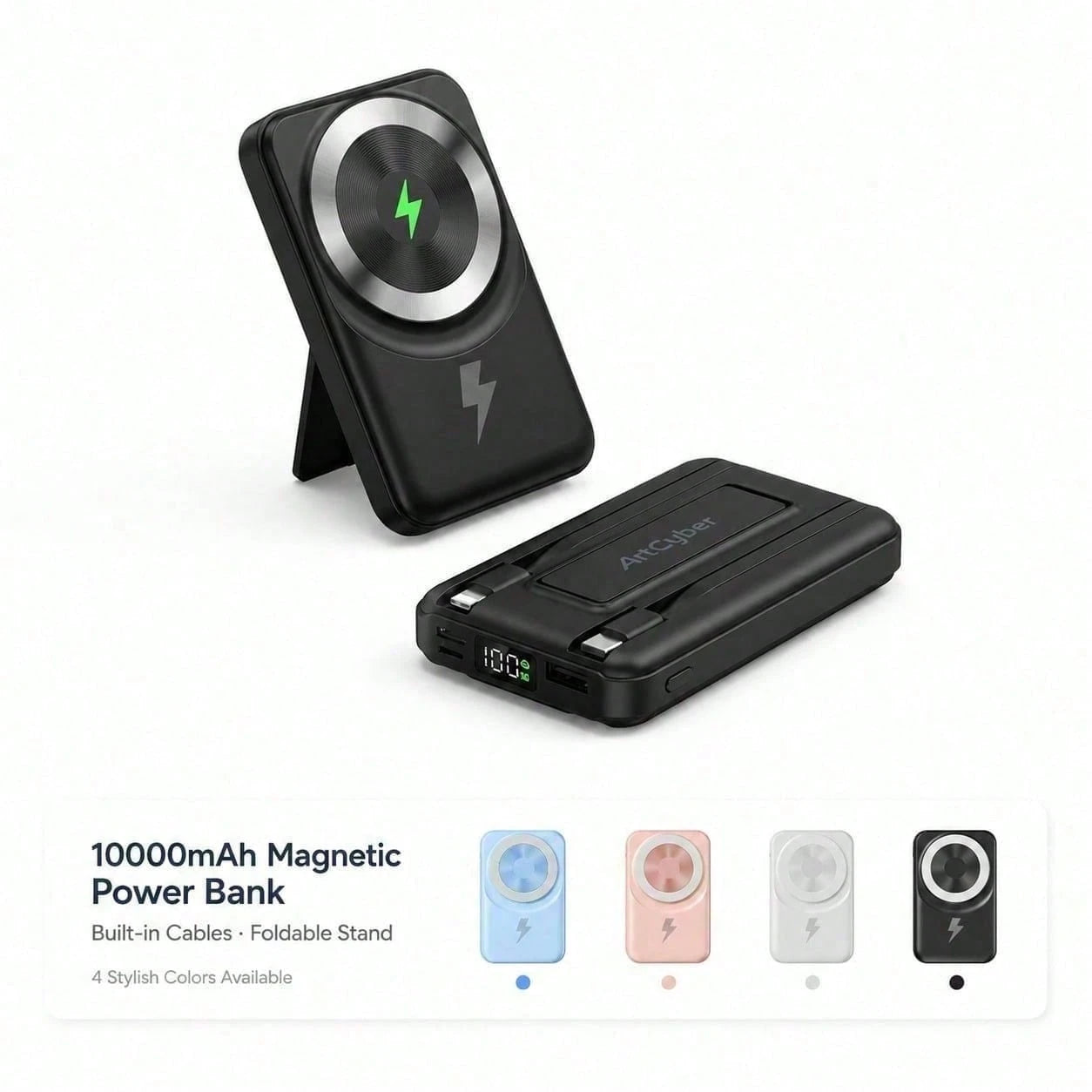 White 10000mAh Wireless Power Bank With Green Magnetic Ring And 22.5W Fast Charging, Featuring A Visible Power Percentage Screen, Green Ring Detail And Rear Fold-Out Stand, Compatible With Magnetic Ph