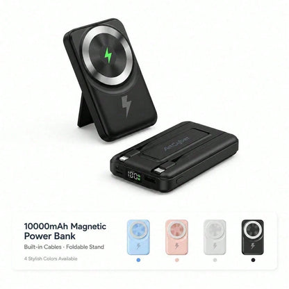 White 10000mAh Wireless Power Bank With Green Magnetic Ring And 22.5W Fast Charging, Featuring A Visible Power Percentage Screen, Green Ring Detail And Rear Fold-Out Stand, Compatible With Magnetic Ph