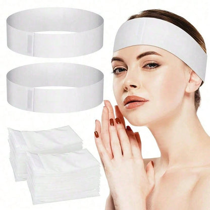 White 50pcs Disposable Spa Facial Headbands, Elastic Non-Woven Fabric Facial Hair Bands For Skincare, Soft Hair Wraps With Easy Closure, Disposable Plastic Hair Bag Shower Cap Wig Cap Elastic Waterpro