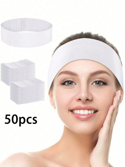 White 50pcs Disposable Spa Facial Headbands, Elastic Non-Woven Fabric Facial Hair Bands For Skincare, Soft Hair Wraps With Easy Closure, Disposable Plastic Hair Bag Shower Cap Wig Cap Elastic Waterpro