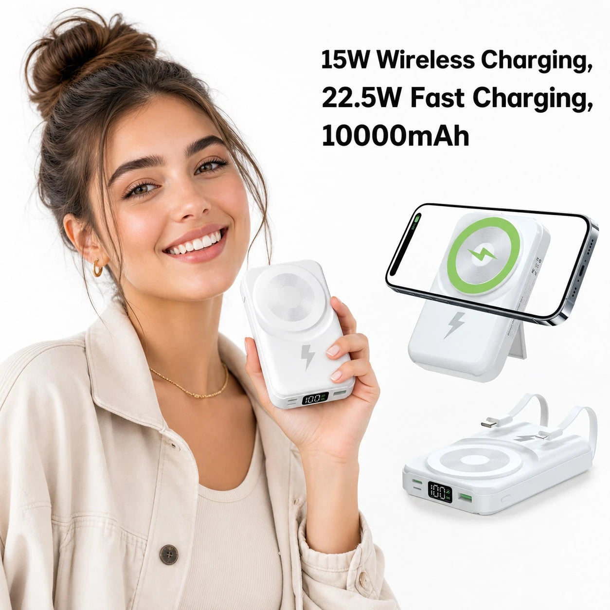 White And Green 10000mAh Magnetic Phone Charger With 15W Wireless And 22.5W Fast Charging, With Visible Percentage Readout, Raised Green Alignment Circle And Fold-Out Phone Stand, Compatible With Supp