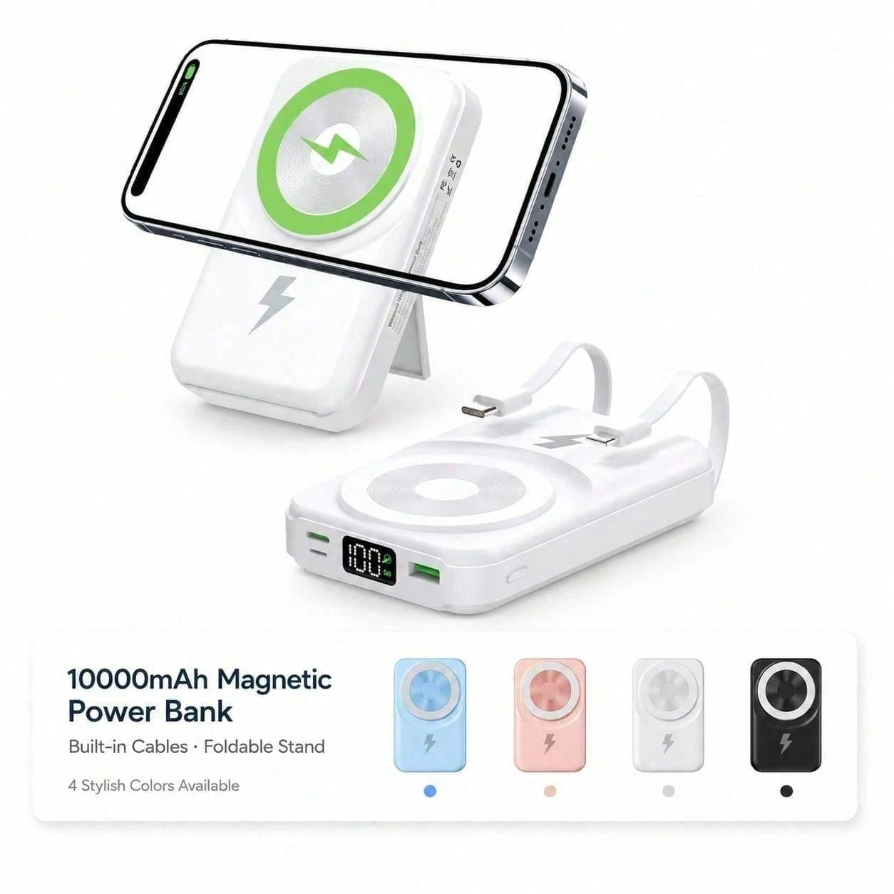 White And Green 10000mAh Magnetic Phone Charger With 15W Wireless And 22.5W Fast Charging, With Visible Percentage Readout, Raised Green Alignment Circle And Fold-Out Phone Stand, Compatible With Supp