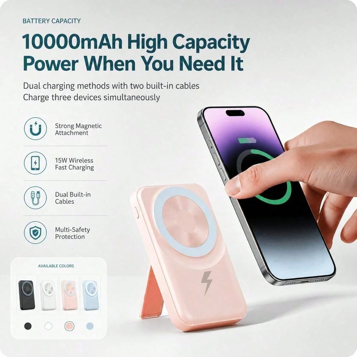 White And Green 10000mAh Magnetic Phone Charger With 15W Wireless And 22.5W Fast Charging, With Visible Percentage Readout, Raised Green Alignment Circle And Fold-Out Phone Stand, Compatible With Supp