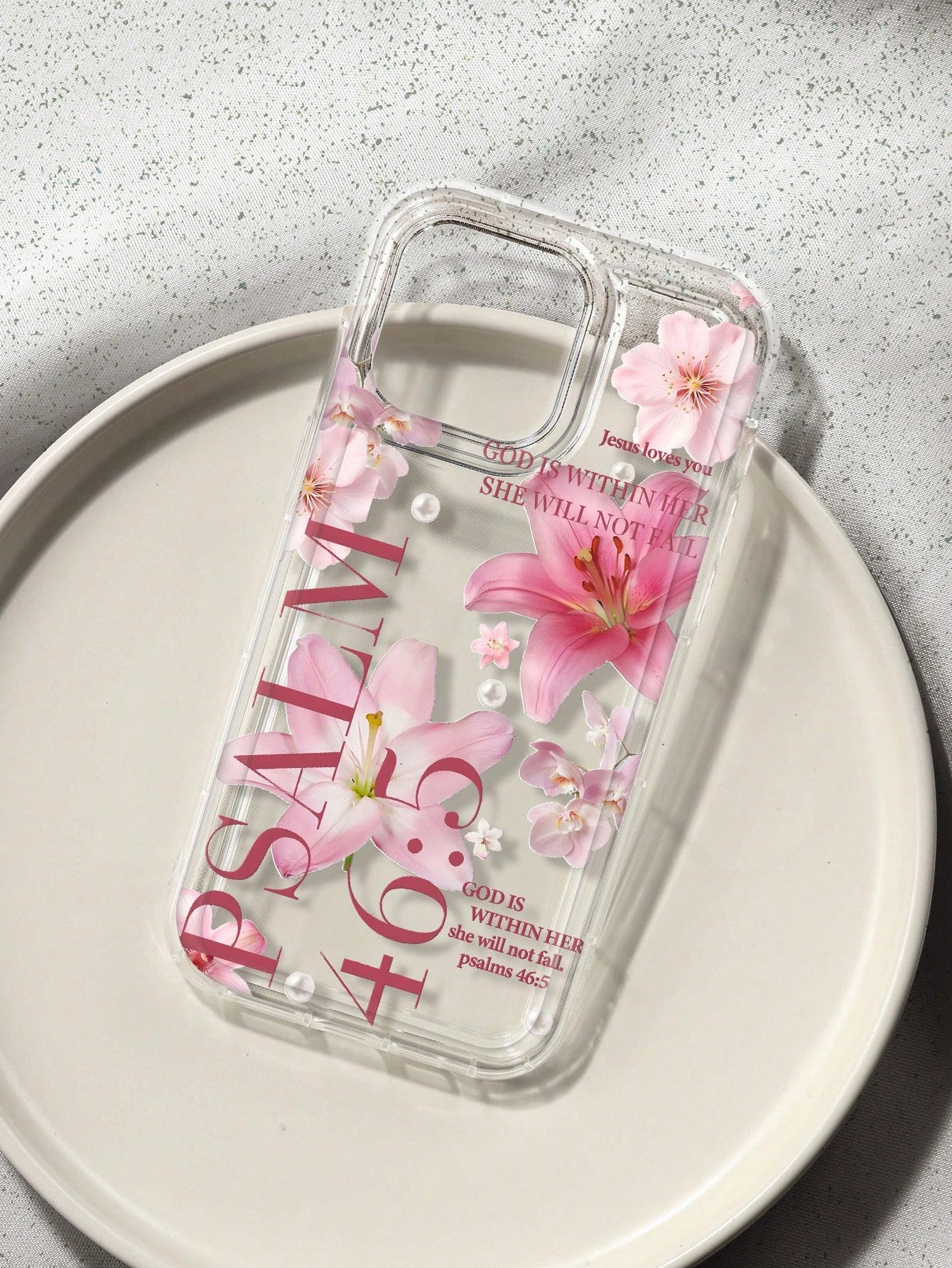 White & Pink Floral Fashion Faux Pearl Goddess Lily Pattern Psalm 46:5 Shockproof Phone Case, Compatible With IPhone 16/11/12/13/14/15/15 Pro/15 Plus/15 Pro Max/7 Plus/8 Plus/X/Xs Max/Xr/11 Pro/12 Pro