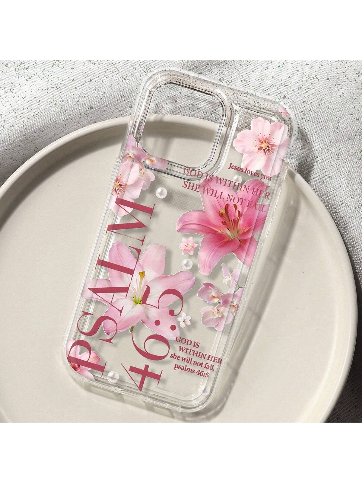 White & Pink Floral Fashion Faux Pearl Goddess Lily Pattern Psalm 46:5 Shockproof Phone Case, Compatible With IPhone 16/11/12/13/14/15/15 Pro/15 Plus/15 Pro Max/7 Plus/8 Plus/X/Xs Max/Xr/11 Pro/12 Pro