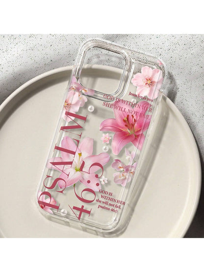 White & Pink Floral Fashion Faux Pearl Goddess Lily Pattern Psalm 46:5 Shockproof Phone Case, Compatible With IPhone 16/11/12/13/14/15/15 Pro/15 Plus/15 Pro Max/7 Plus/8 Plus/X/Xs Max/Xr/11 Pro/12 Pro